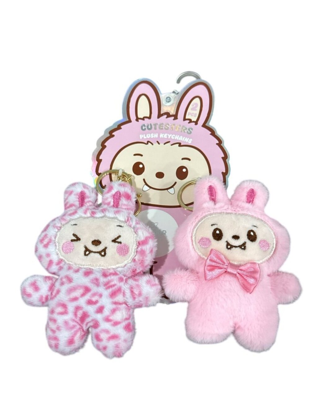 Cutesters Plush Keychains 2-Pack Pink Bunny & Leopard Design Soft Toy Accessorie